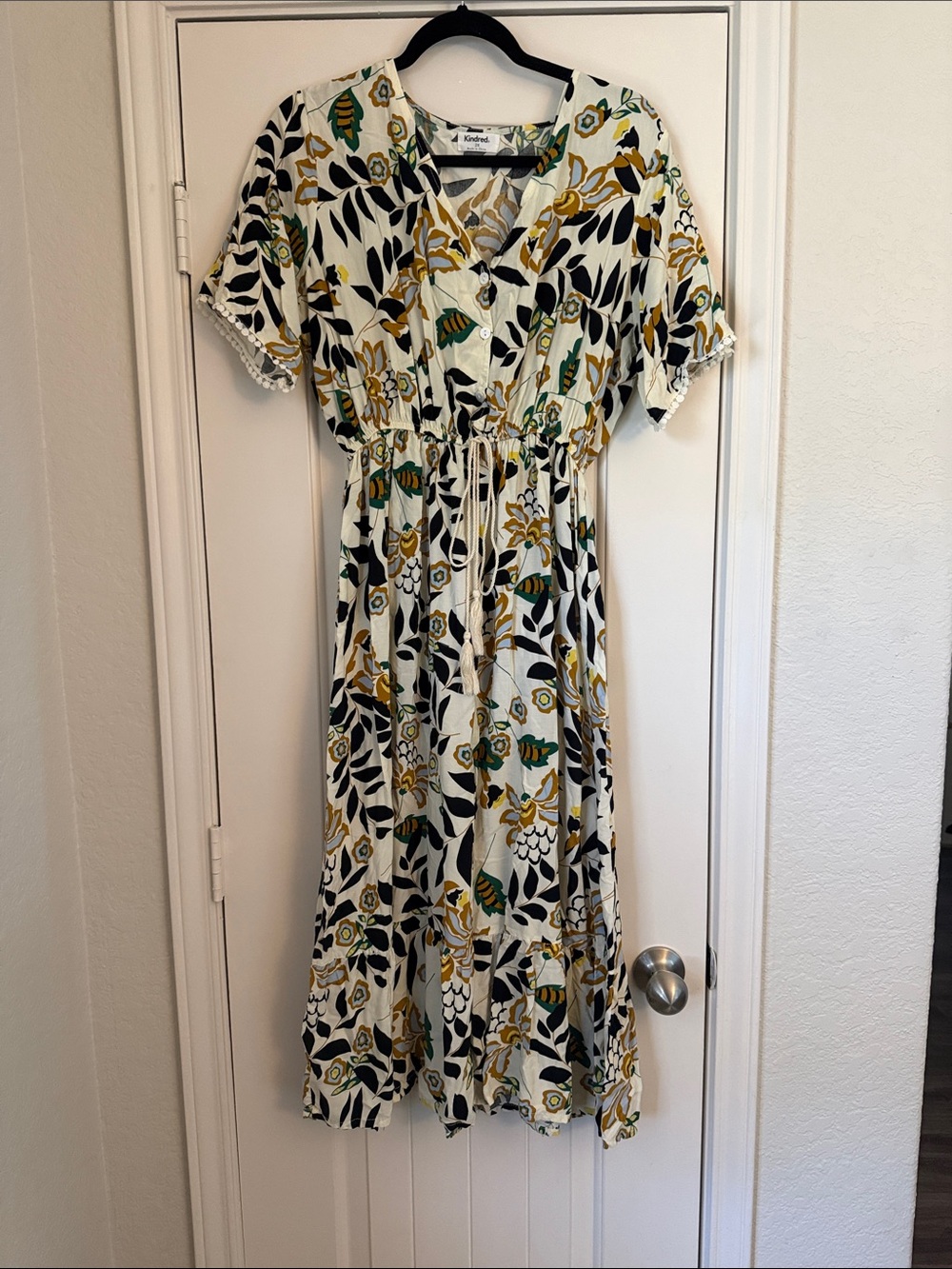 Kindred Cream Floral Midi Dress with Black & Green Print